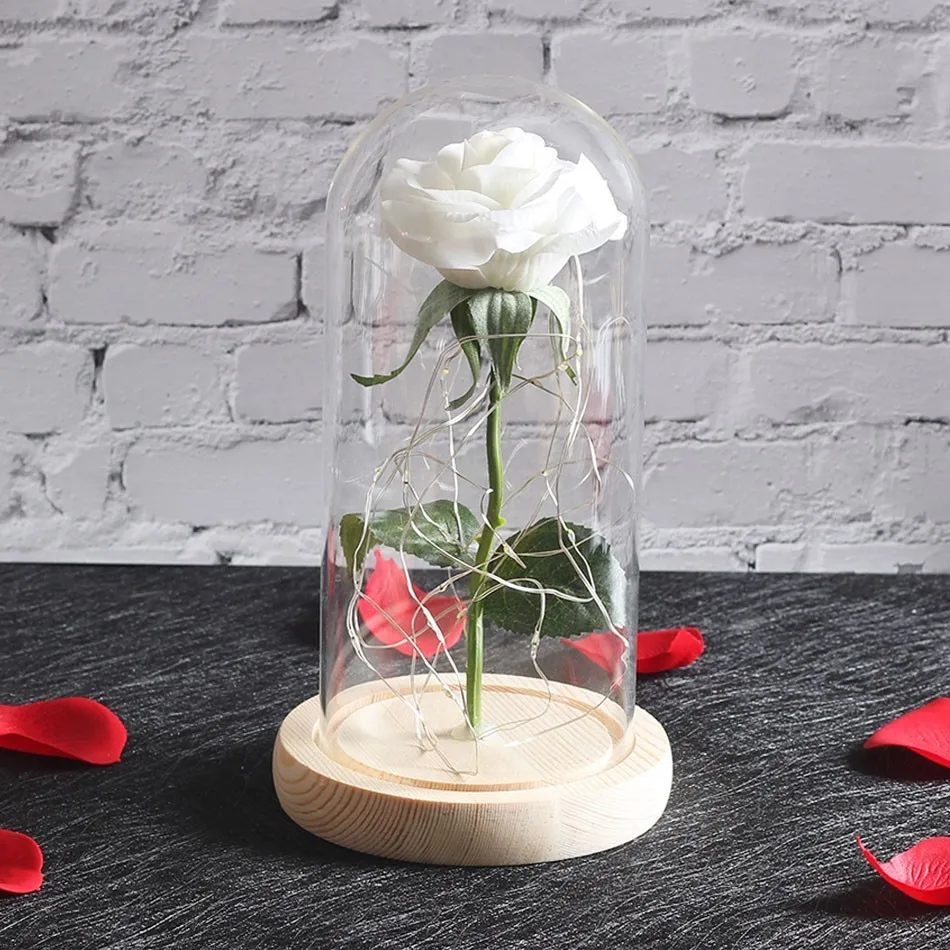 white wood base Романтика вечная жизнь цветок стеклянная крышка красота и чудовище РОЗА светодиодная лампа; аккумулятор на день рождения День Святого Валентина подарок матери домашний декор - Цвет: white wood base