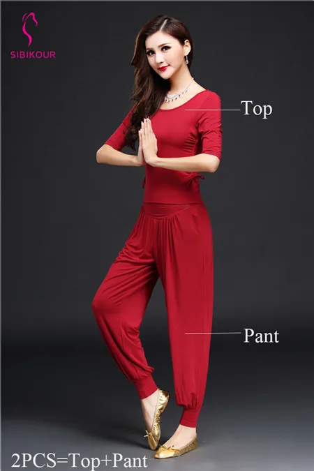 Wine Red 2pcs Женский костюм для танца живота, тренировочная одежда для йоги, одежда для танца живота для взрослых, Восточный Болливуд, индийский Топ, пояс для брюк, тренировочная одежда - Цвет: Wine Red 2pcs