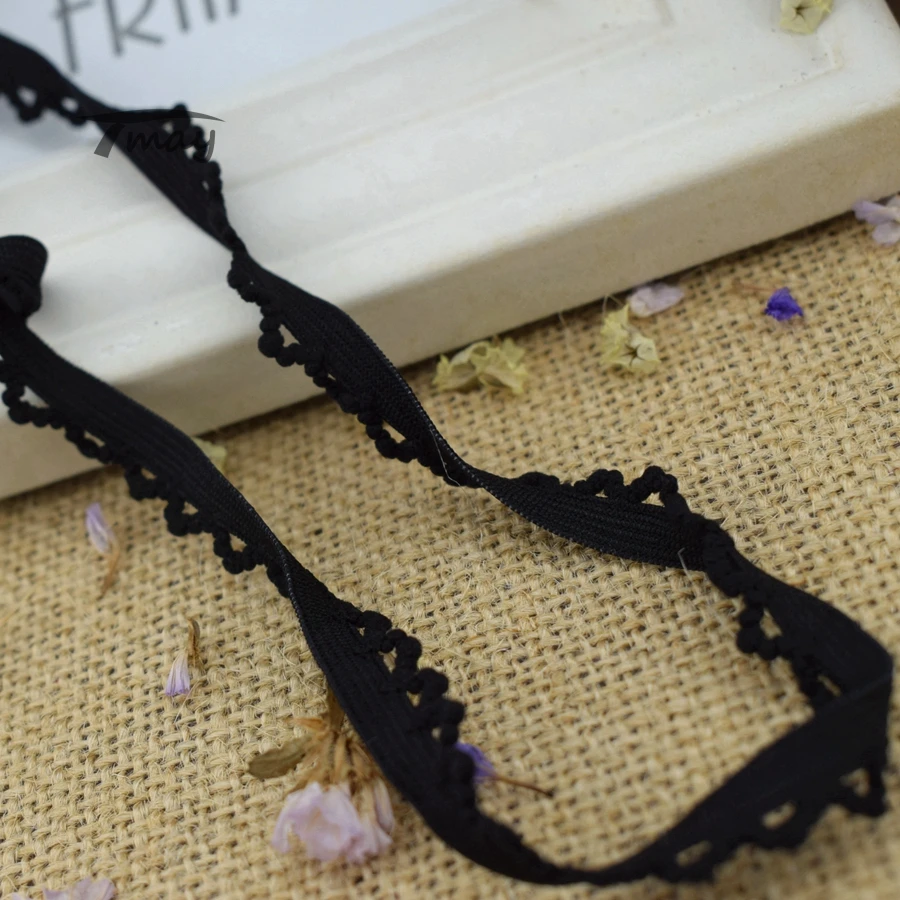 #1397 однотонные черные эластичные ленты с плюшевыми шариками по краям резинка для