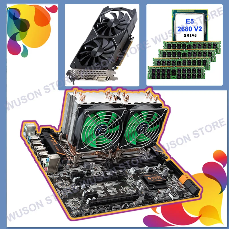 Kaufen HUANANZHI X79-4D Motherboard M.2 Slot Dual CPU Intel Xeon E5 2680 V2 Mit Kühler RAM 64G(4*16G) 1866 Video Karte GTX1050Ti 4G