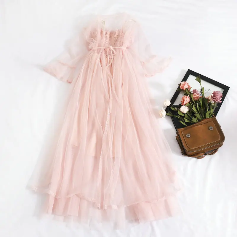 Women Dress 2 шт. женское платье с жемчугом и цепочкой из бисера на тонких бретельках с кружевным цветком из тюля элегантное ТРАПЕЦИЕВИДНОЕ эластичное тонкое сетчатая вуаль миди платье - Цвет: Women Dress