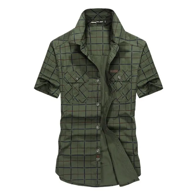 Свободные мужские рубашки размера 5XL, лето, AFS Jeep, брендовая одежда, Camiseta Masculina, Клетчатая Мужская рубашка из хлопка с коротким рукавом - Цвет: army green