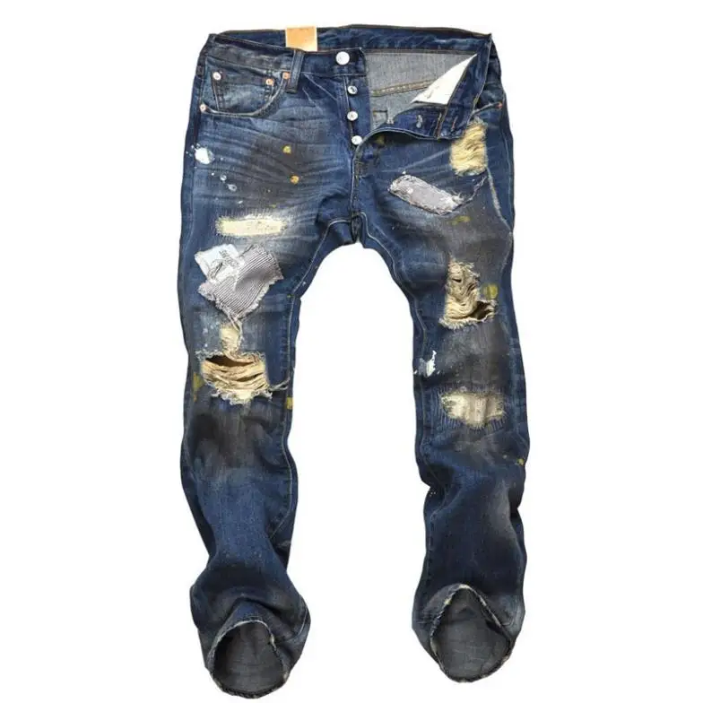 Male Ripped Torn Jeans Beggar Trousers Men's Designer Destroyed New Style Hip Hop Rock f Men Frayed Pants | Мужская одежда