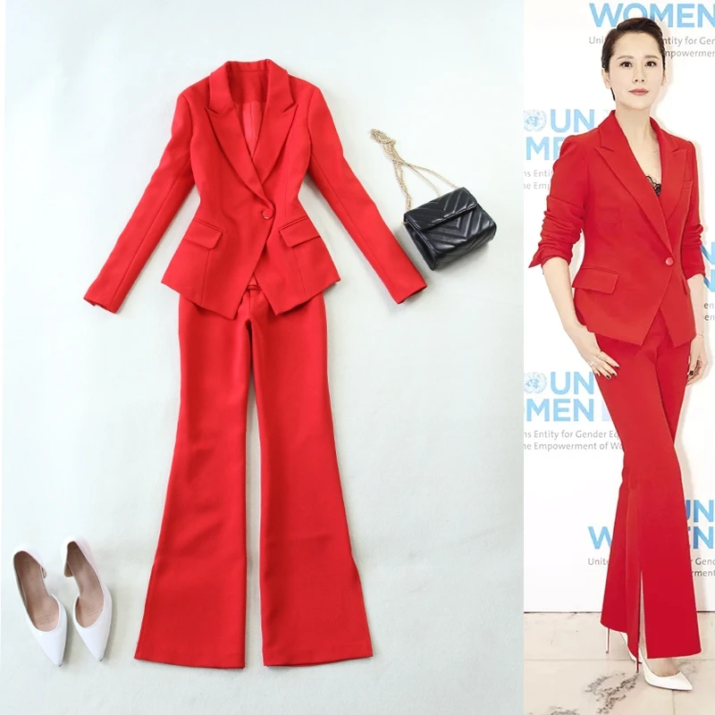 new fashion suit women's pants suit red Slim suit jacket + wide leg pants two piece set blazer jacket for women blazer set