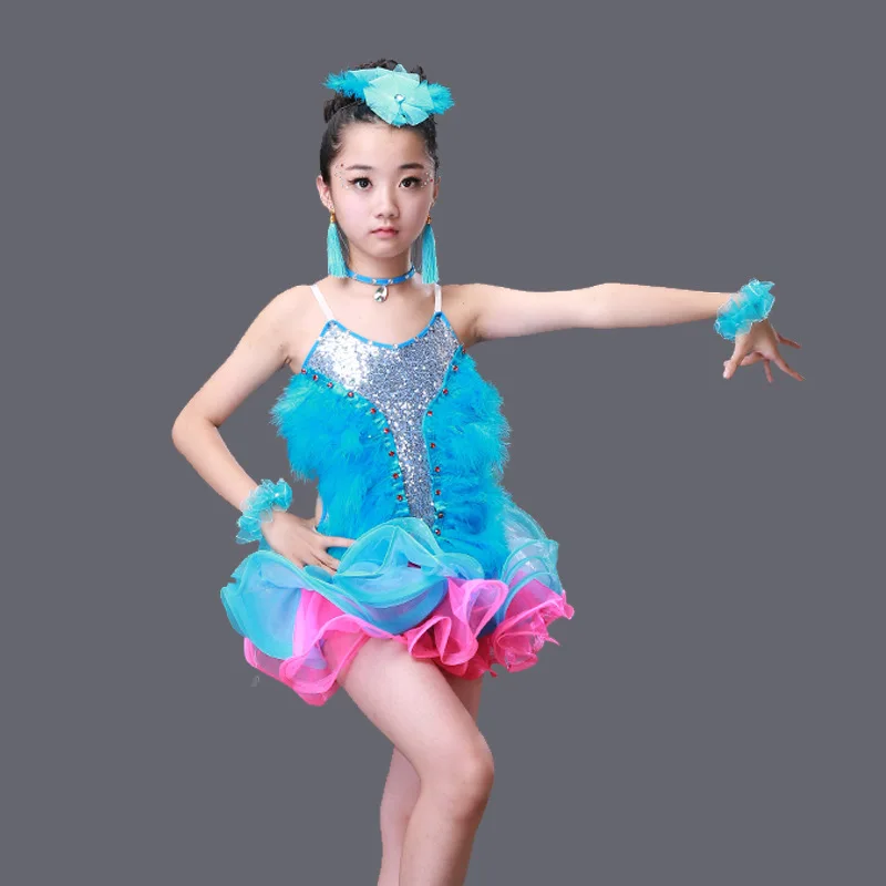 Детская Одежда для танцев новые костюмы латинских с перьями девочек детское