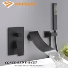 Смеситель для раковины Senlesen, матовый черный латунный кран Водопад для ванны, настенное крепление, одна ручка, для горячей и холодной воды, ручной душ