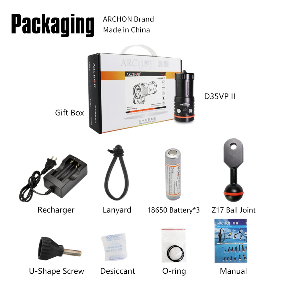 With Battery Charger ARCHON W41VP II D35VP II Дайвинг видео света XM-L2 Макс 2600 люмен погружения факел 100 m Подводный пятно света с зарядное устройство - Испускаемый цвет: With Battery Charger
