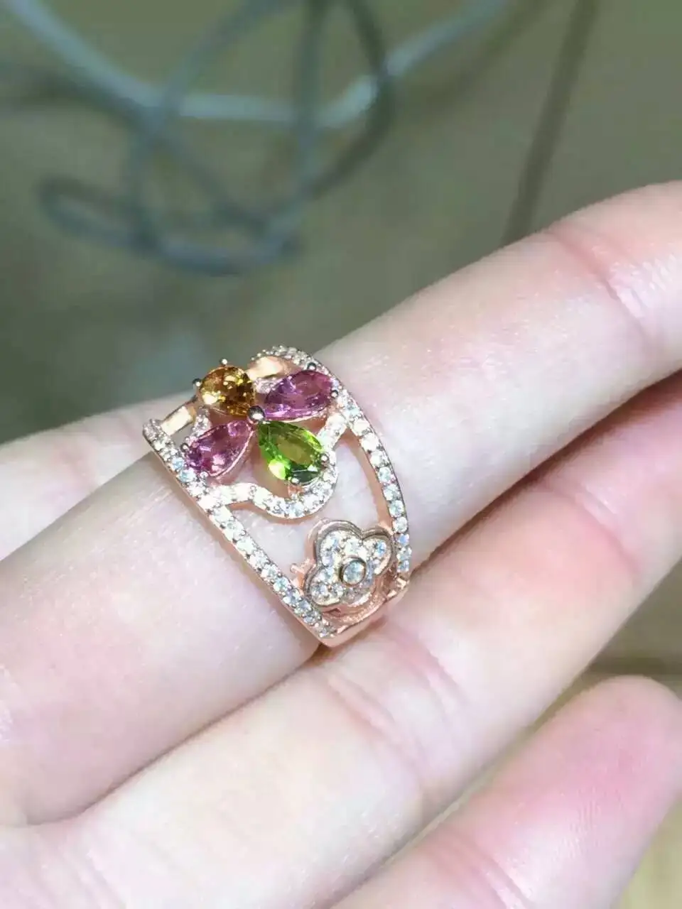 

Natural multicolor tourmaline gem Ring Natural gemstone ring 925 sterling silver trendy Elegant clover women girl party Jewelry