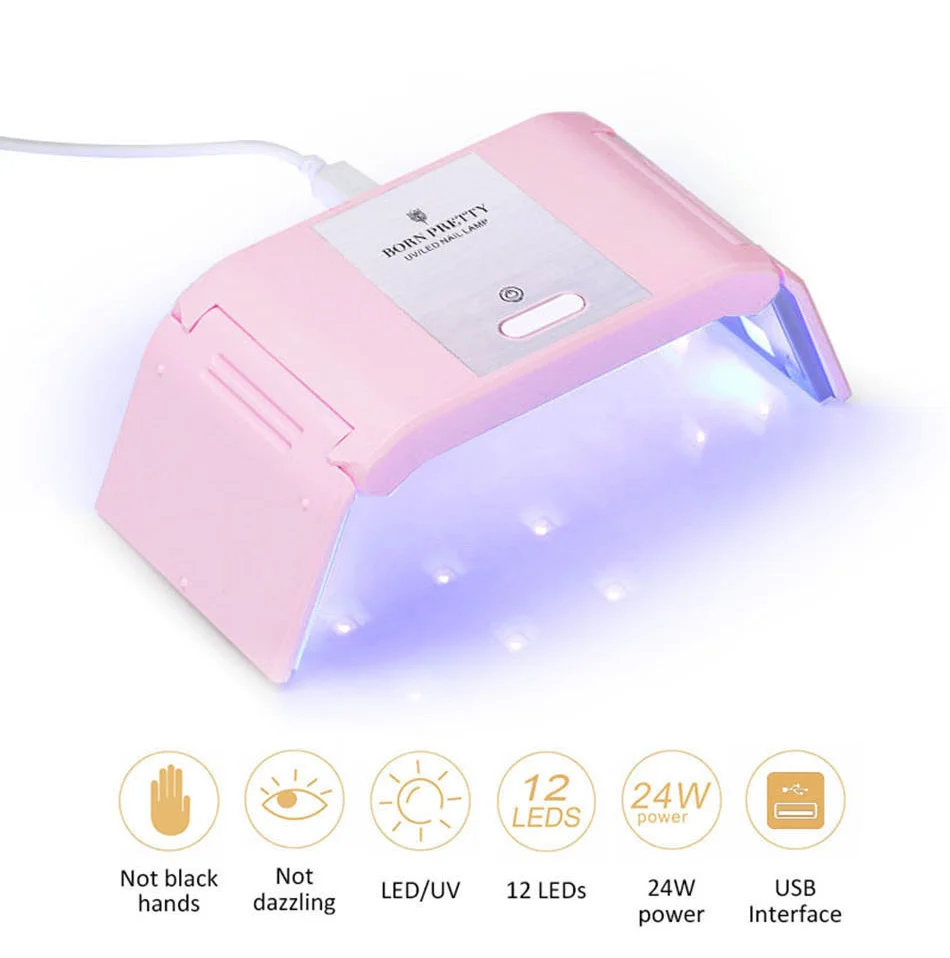 Сушилка для ногтей BORN PRETTY 24 Вт, УФ-лампа, 12 светодиодов, USB, для отверждения всех гелей, розовый, черный, эргономичный дизайн, инструменты для лечения Ногтей