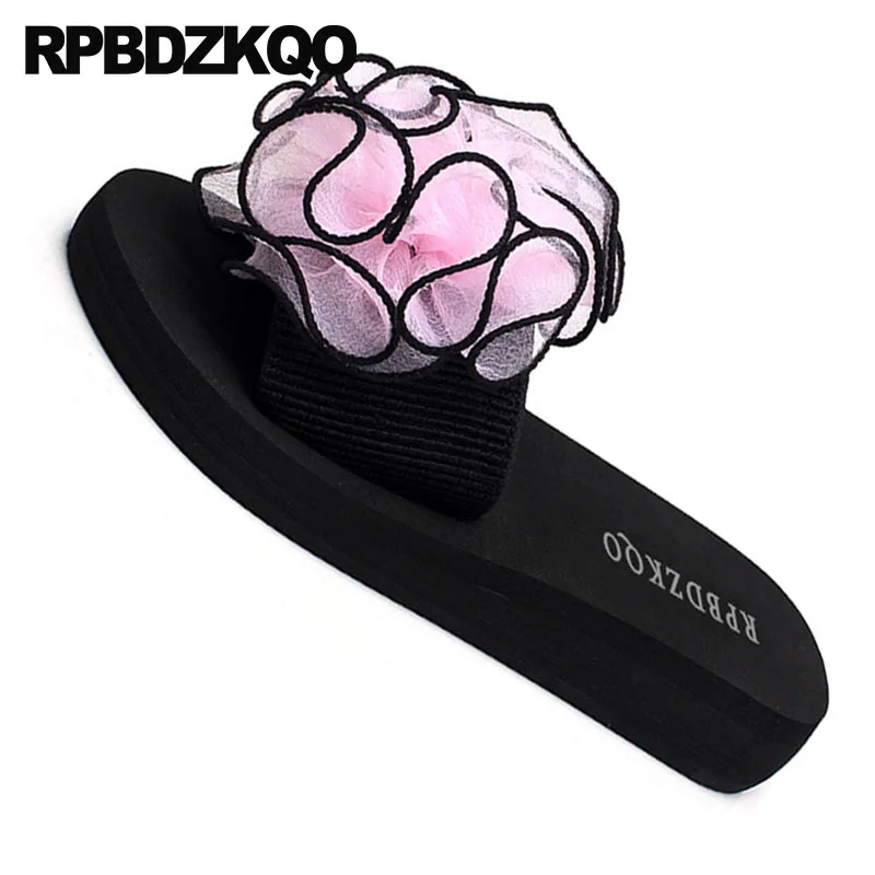 Flower Slippers Sandals Large Size Big High Heel Ladies Wedge Fashion Wide Fit Shoes Flatforms Pink Women Summer Low Slides Plus | Обувь