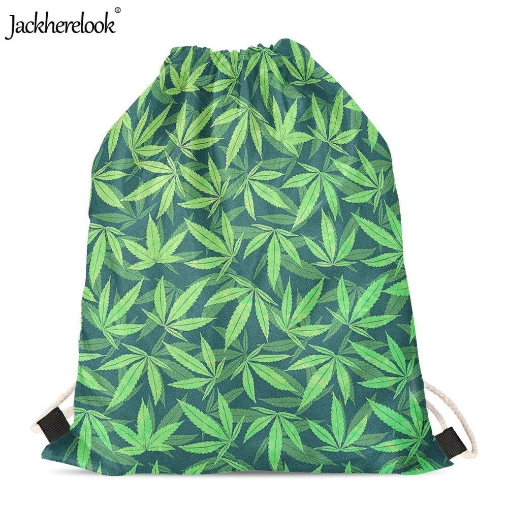 Jackhereook Зеленый конопли листья шаблон женщины мужчины Drawstring сумки повседневные уличные большие рюкзаки для хранения студентов мешок сумки