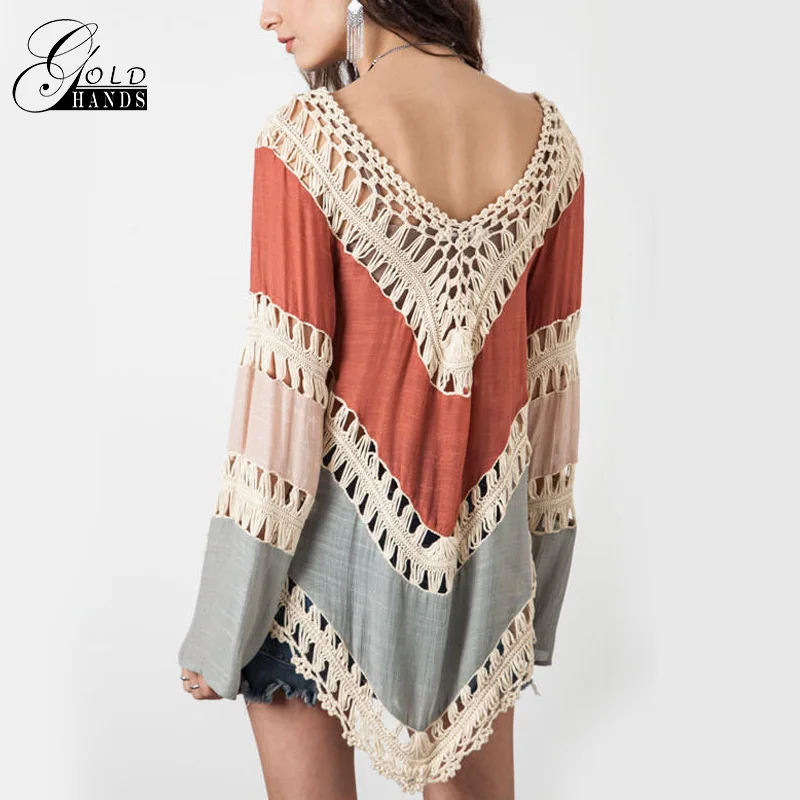 Летняя женская одежда вязаная крючком блузка с треугольным вырезом свободная