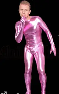 Special price! brand Unisex Pink Round neck Shiny Metallic Zentai Catsuits Sexy Fancy Dress Bodysuits For Party black Zipper