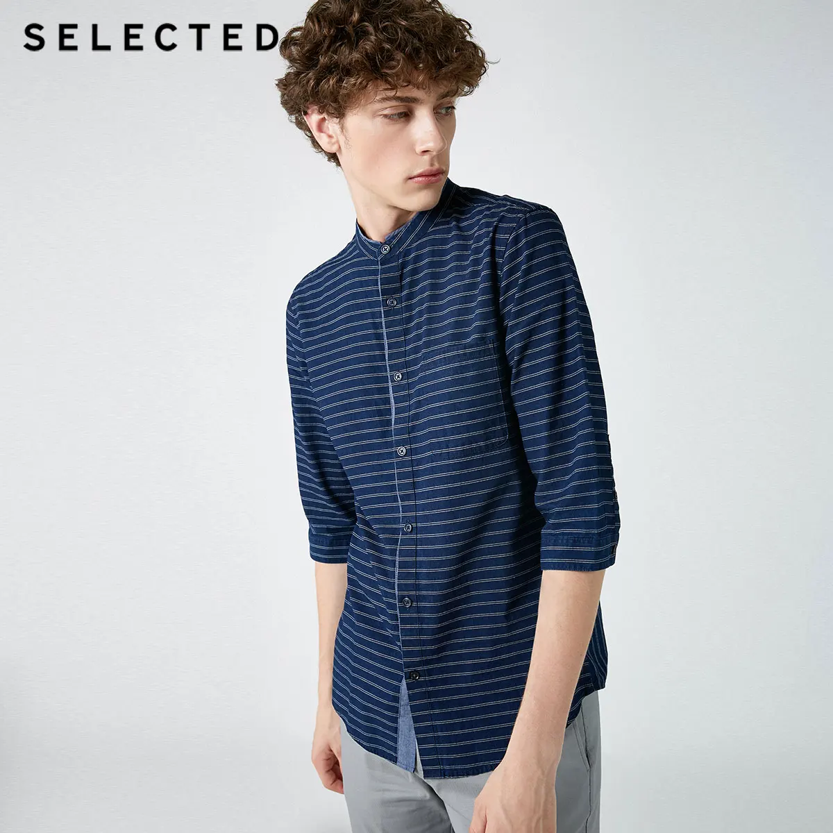 Мужская Облегающая рубашка в полоску из 100% хлопка с рукавом 3/4 C |