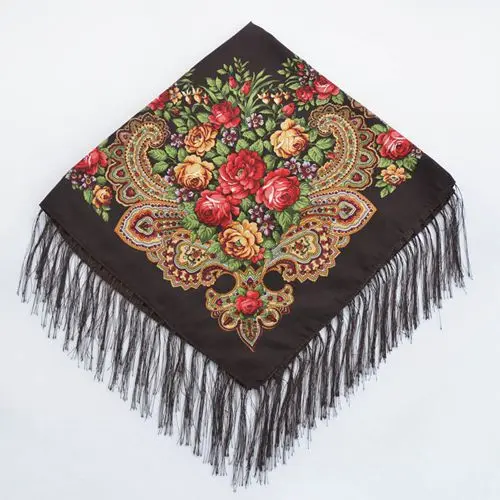 ASH13 Women Tassel Square Scarf Shawl Lady Printed Floral Short Tassel Headband Retro Cape Wrap Scarves 90*90cm - Цвет: ASH13