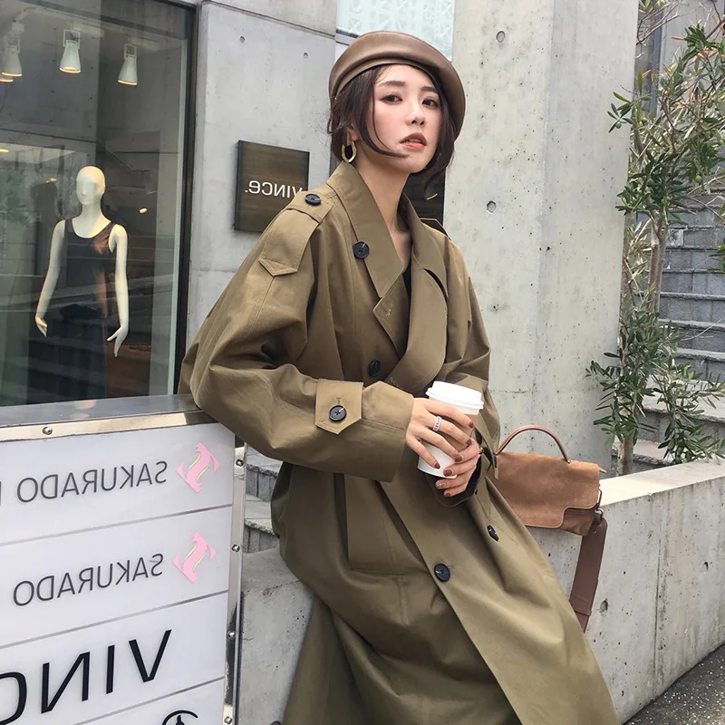 Новинка, весна-осень, Женский Повседневный Тренч, большой размер, двубортный, винтажная, стирается, верхняя одежда, свободная одежда, длинный Тренч, A2752