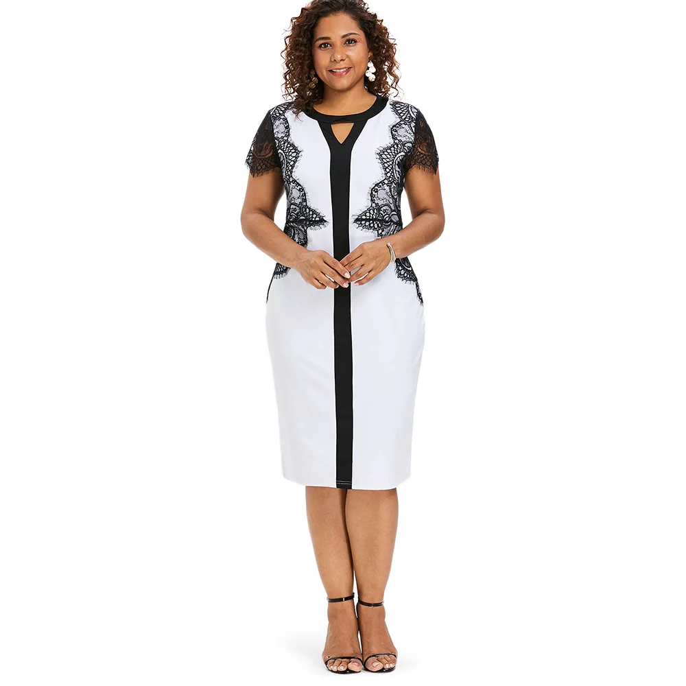 Joineles Plus Size Keyhole Neck Lace Insert Bodycon Dress Sleeve Party | Женская одежда