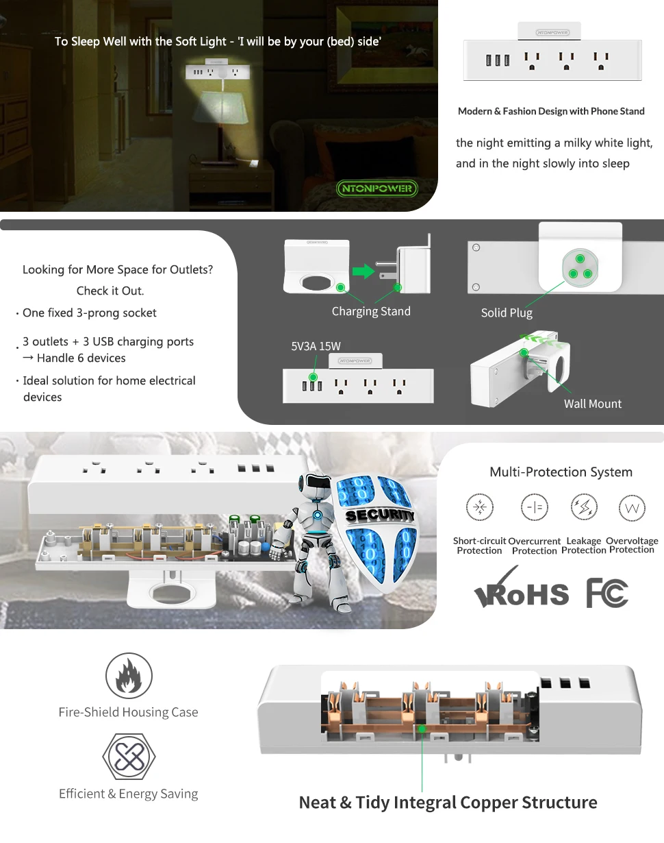 NTON power MNC, настенная USB розетка, стандарт США, электрическая вилка, 3 розетки переменного тока, 3 USB Смарт-порта для зарядки с держателем для телефона