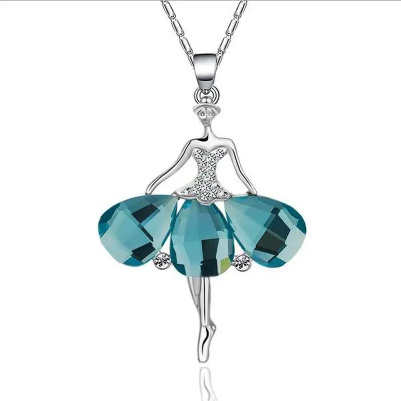 

LUKENI Top Quality Silver 925 Girls Clavicle Necklace Jewelry Cute Crystal Green Dancer Pendant Necklace For Women Accessories