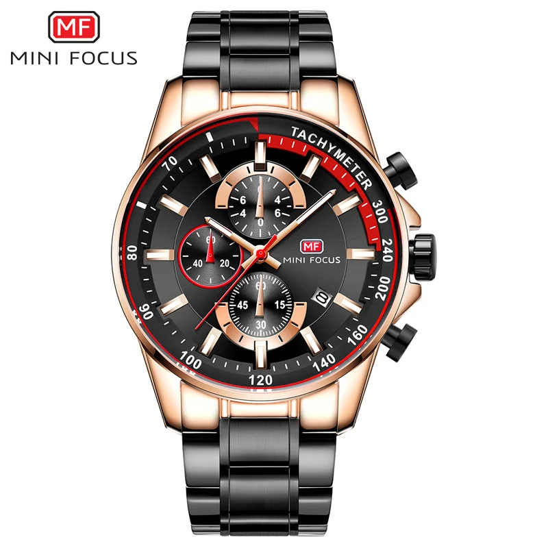 

MINI FOCUS Men's Waterproof Business Watches Chronograph Quartz Luminous Wrist Watch for Man Stainless Steel Band Black 0218G.02