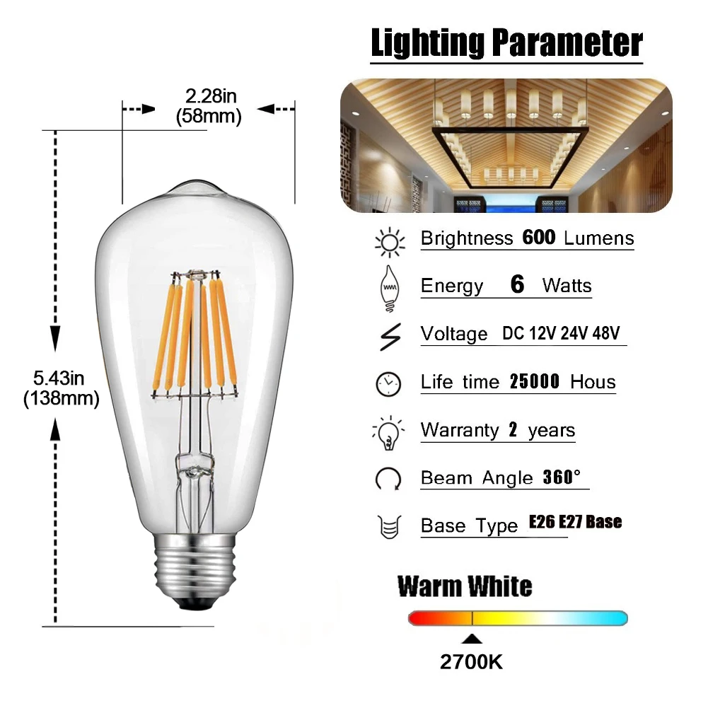 ST58 6W 2700K E26E27 E27 12V 24V Светодиодный светильник лампы A19 ST58 6 Вт E27 Светодиодный дневной светильник белый T22 G40 низкая Напряжение 1 Вт E12 E14 светодиодный светильник RV локомотив номер светильник - Испускаемый цвет: ST58 6W 2700K E26E27