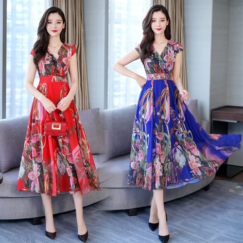 

Lady Patchwork Colors Chiffon Dress Women Summer Floral Printed V-Neck Thin Dress Chiffon Short-Sleeved Beach Dress