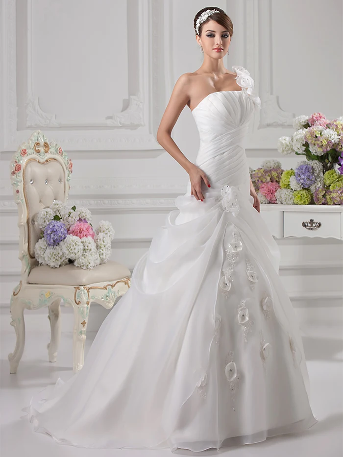 Elegant White Ball Gown Organza Vestido De Novia 2016 One Shoulder Floor Length Flower pleated ruffled Wedding Gowns WD8335 | Свадьбы и