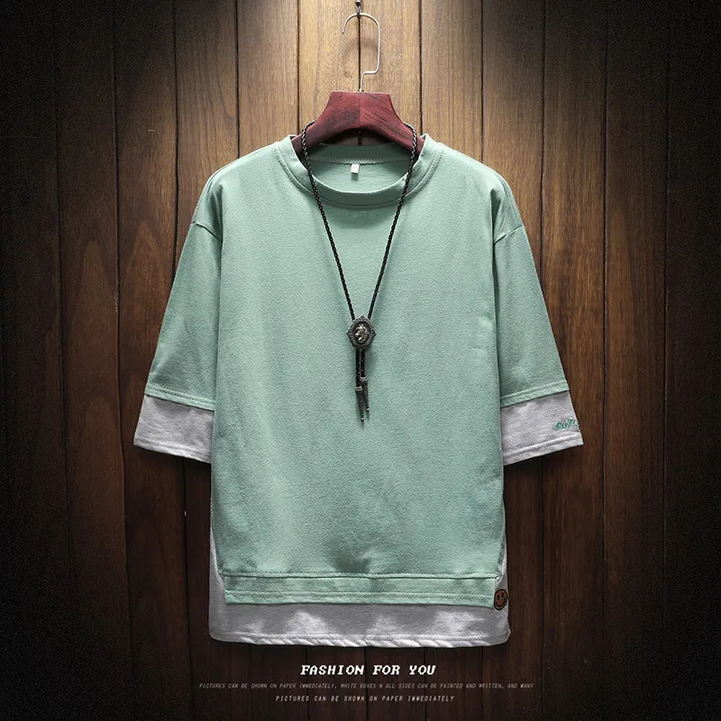 

Summer men's cotton short sleeve T-shirt half sleeve casual personality loose Fake two pieces T shirts smiling face plus size