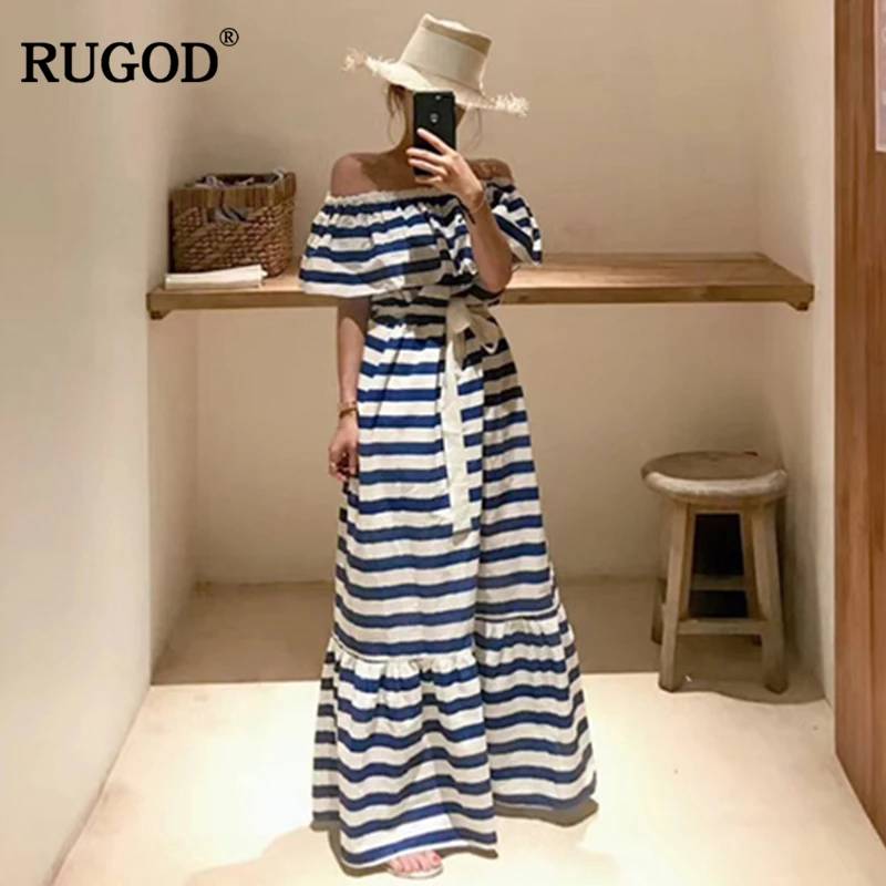 RUGOD 2020 Корейская Элегантная туника с открытыми плечами в полоску Длинное Платье