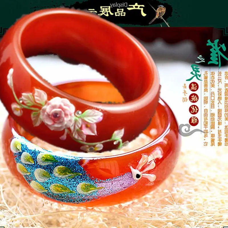 58-63 mm Genuine Natural Red Agate Woman Bangle with Flower Wide Retro Bracelet | Bangles