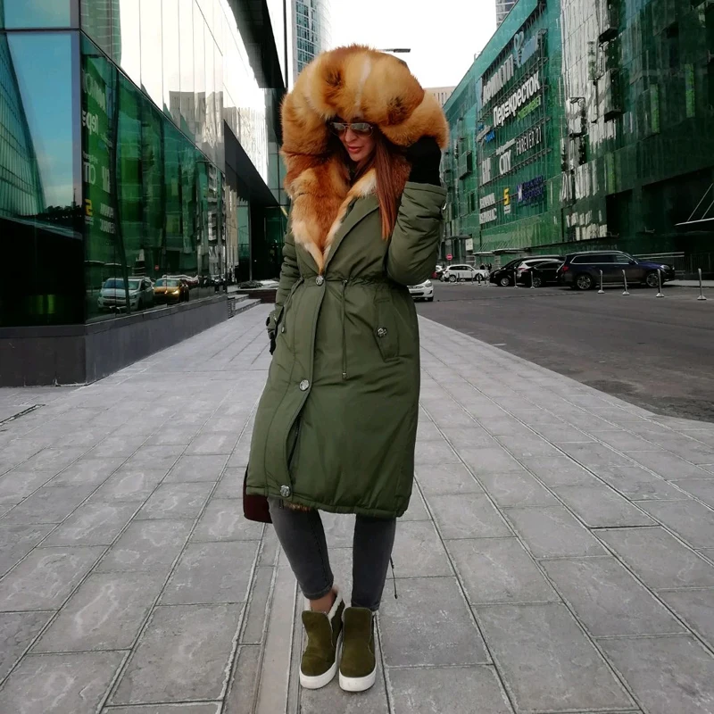 CKMORLS зимняя меховая куртка с большим меховым воротником из красной лисы Armygreen парка пальто для женщин верхняя одежда из натурального меха лисы пальто размера плюс