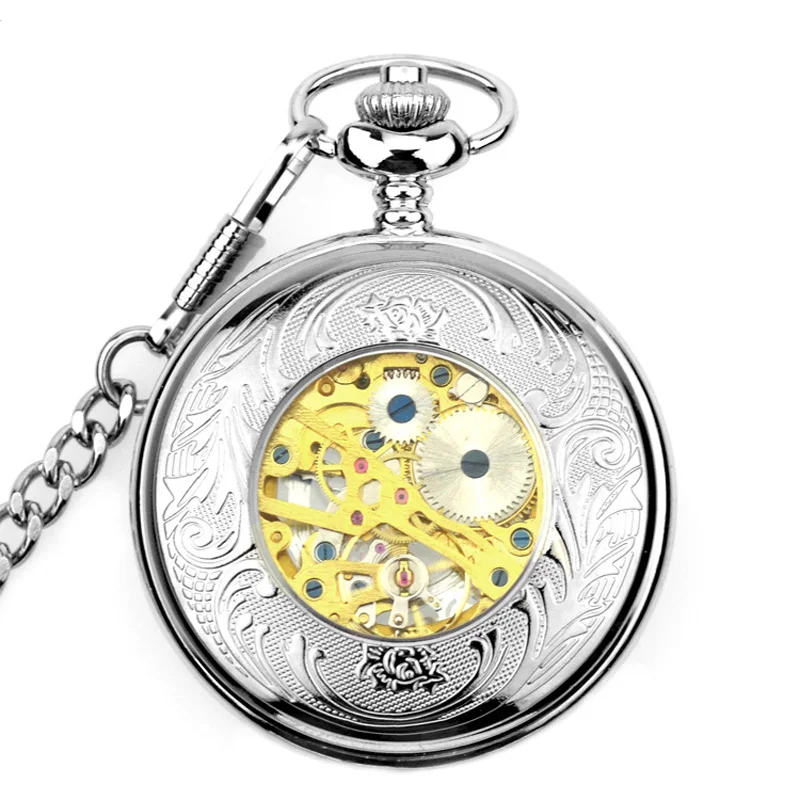 WOONUN Brand Retro Skeleton White Dial Silver Case Roman Numeral Analog Jewelry Clock Chain Men Mechanical Pocket Watch Gift | Наручные