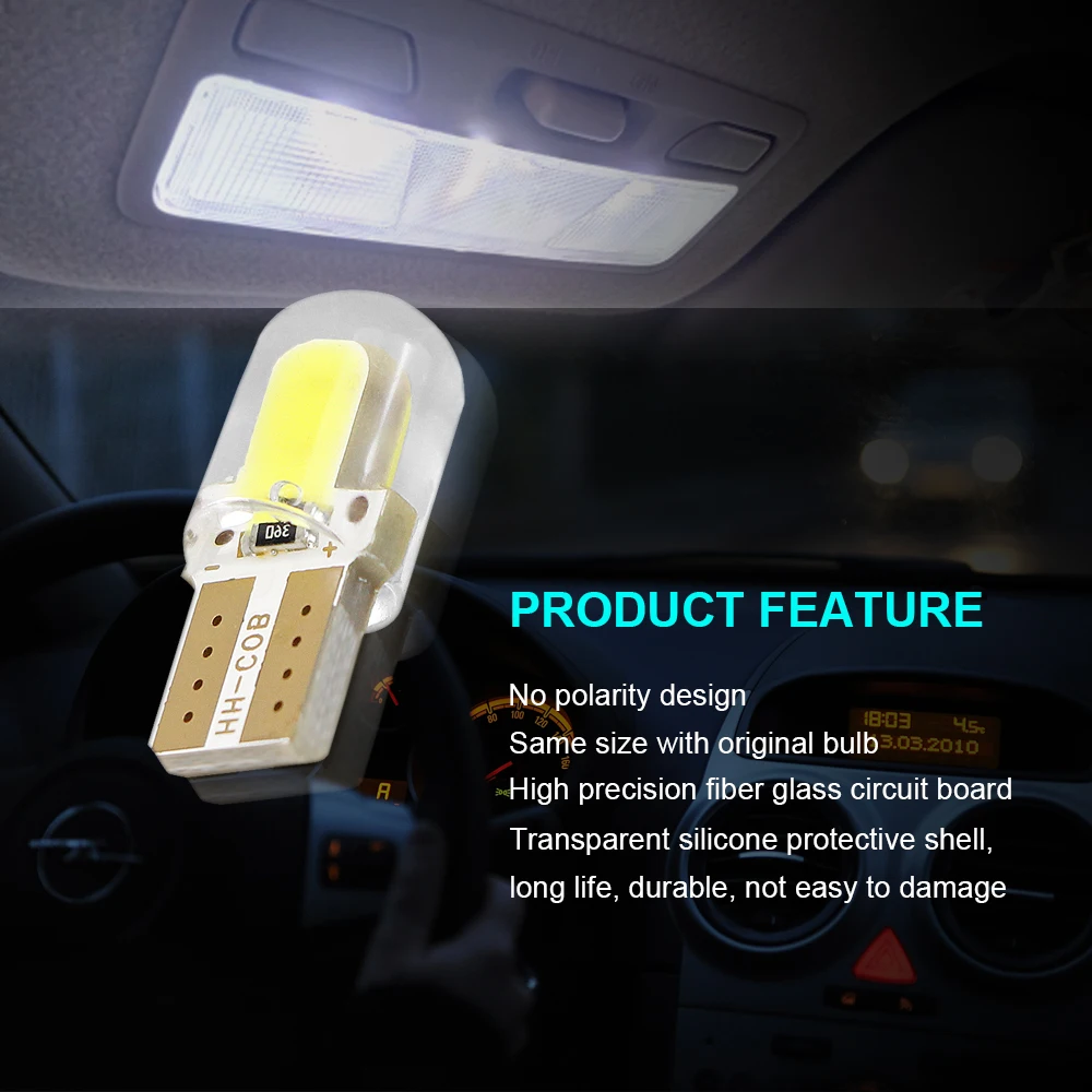 Фото Светодиодсветодиодный лампы T10 LED W5W 194 168, автомобильная лампа COB, силиконовые Автомобильные светодиодные лампы, супер яркая лампа 12 В 6000K, хол... №4