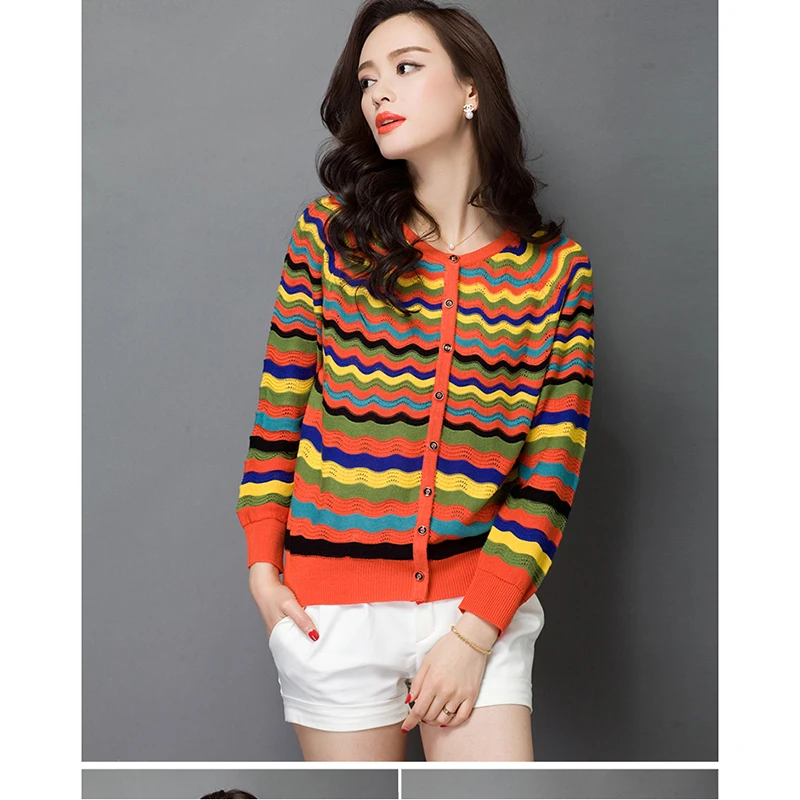 Autumn Women Air-conditioning Shirt Hollow Thin Sweater Short Paragraph Cardigan Sunscreen Jacket Color waves Female Sweaters |