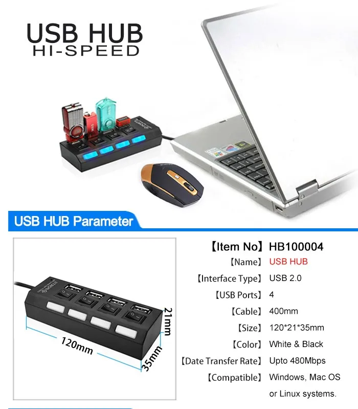 EASYIDEA Mini USB 2,0 концентратор 4 порта Портативный высокоскоростной usb-хаб 480 Мбит/с Переключатель ВКЛ/ВЫКЛ концентратор USB разветвитель адаптер концентратор для ПК ноутбука