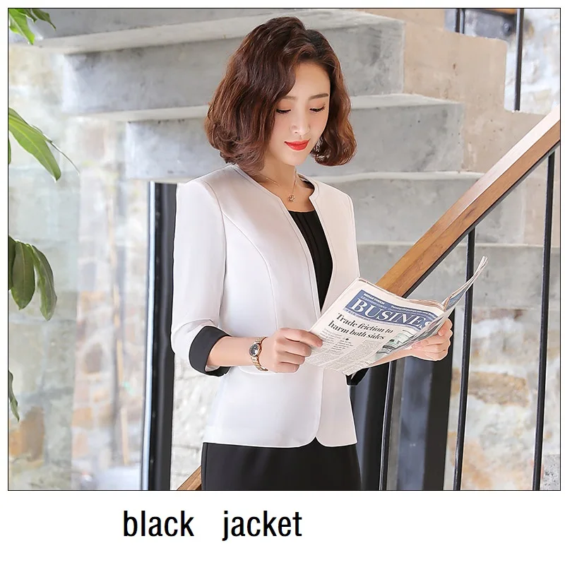 black jacket Женские костюмы, приталенные весенние платья с принтом и рукавом до локтя, комплект из 2 предметов, деловые Деловые женские платья, костюмы, женские комплекты, костюмы - Цвет: black jacket