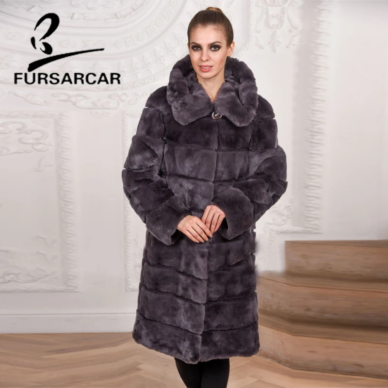FURSARCAR теплая свободная шуба из кролика рекс Рекс с капюшоном 2018 Роскошная модная