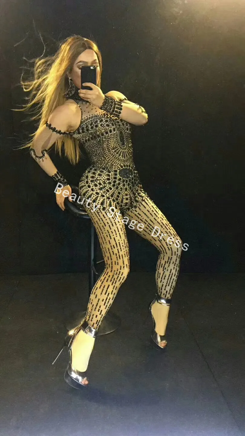 

Fashion Black Rhinestones Jumpsuit Stage Performance Outfit Party Celebrate Glisten Crystals Costume Stretch Bodysuit Rompers