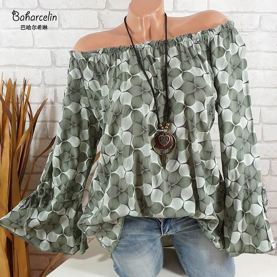 Baharcelin 4XL 5XL Женские рубашки топы с винтажным принтом Лето Slash шеи блузка рубашка