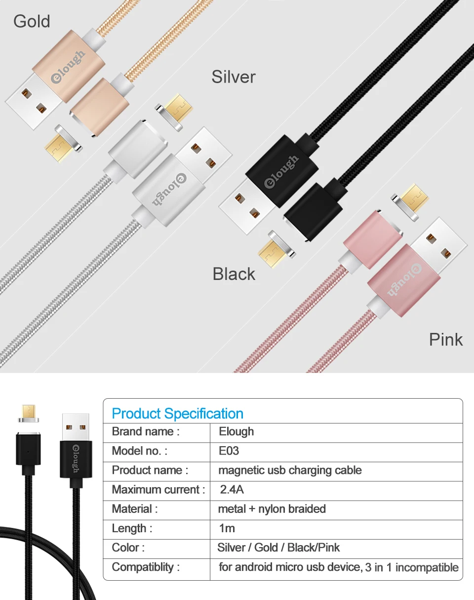 Elough E03 Магнитный зарядный micro usb кабель для Xiaomi micro usb Магнитный зарядный кабель для Android Microusb кабель для передачи данных