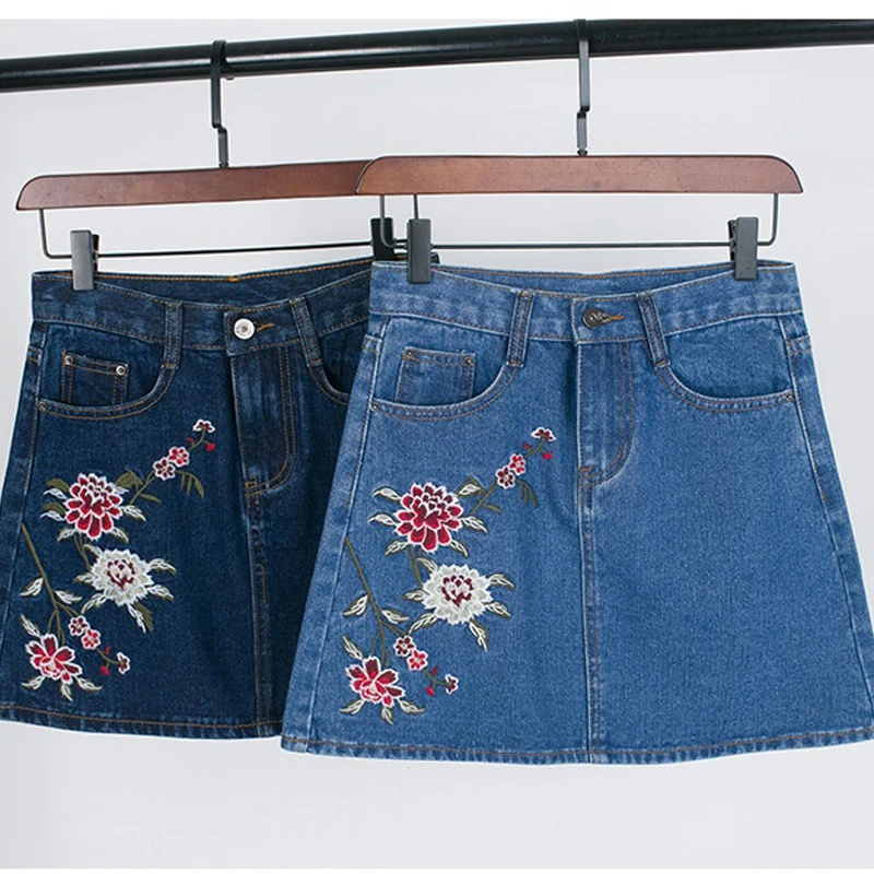 Джинсовые юбки с высокой талией для девочек юбка цветочной вышивкой короткие