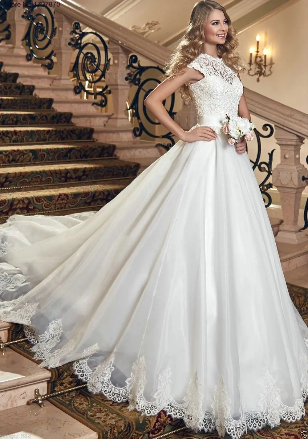 Красивая Вуаль Line Свадебные Платья 2017 Высокая Шея Люкс платья GH078 Часовня Поезд