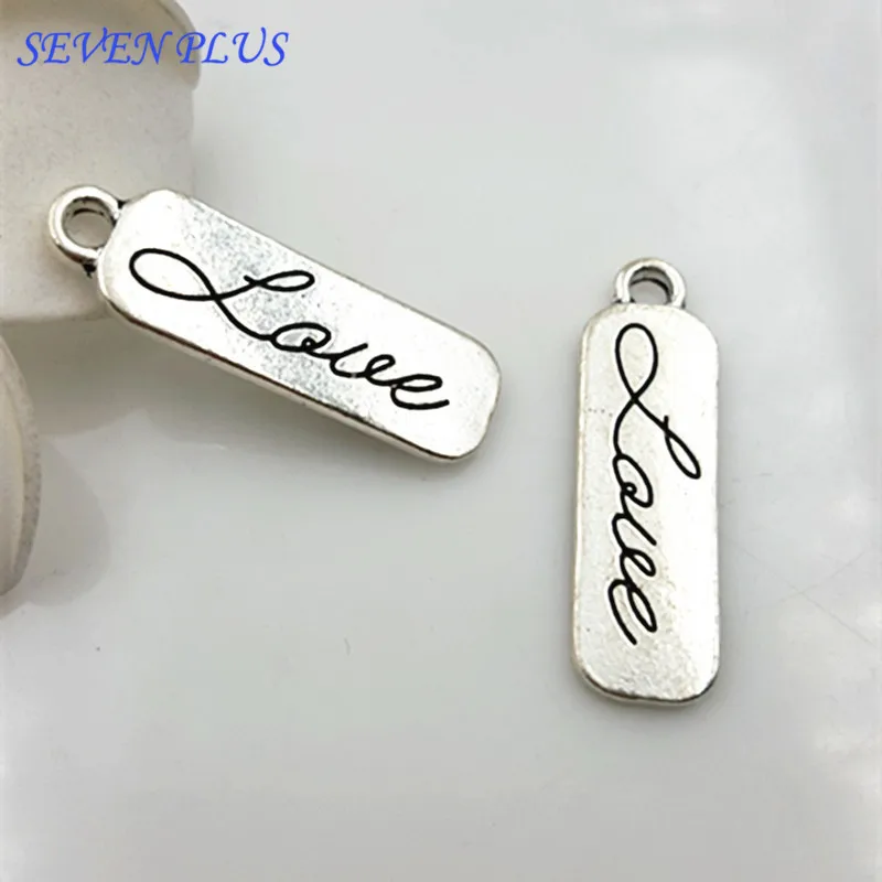 

High Quality 20 Pieces/Lot 9mm*26mm Antique Silver plated Letter Printed Love Words Metal Message Charms For Jewelry Making