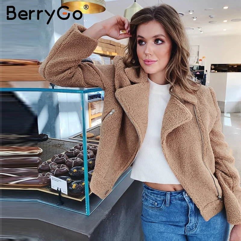 Женская меховая куртка BerryGo осенняя на молнии с отложным воротником 2019|Женские