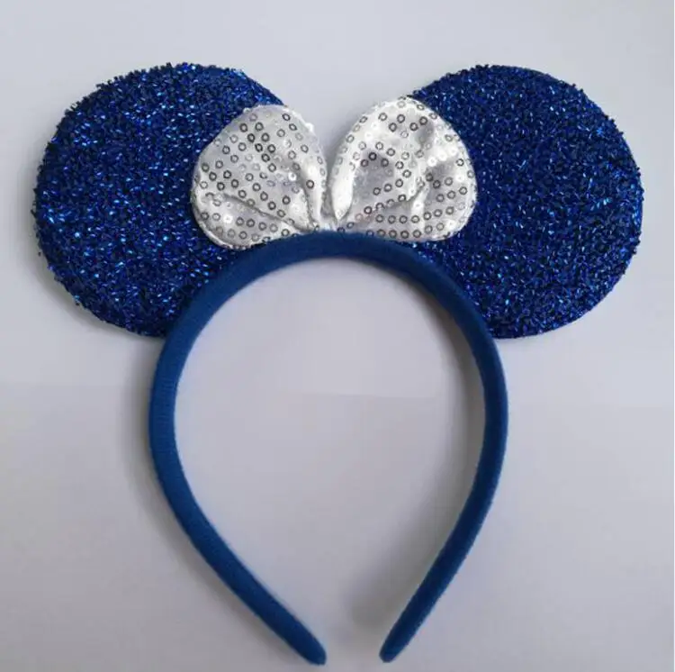Blue ears silver bow 1 шт., аксессуары для волос, уши Минни/Микки, однотонная черная и цветная повязка на голову с бантиками для мальчиков/девочек, для празднования дня рождения - Цвет: Blue ears silver bow