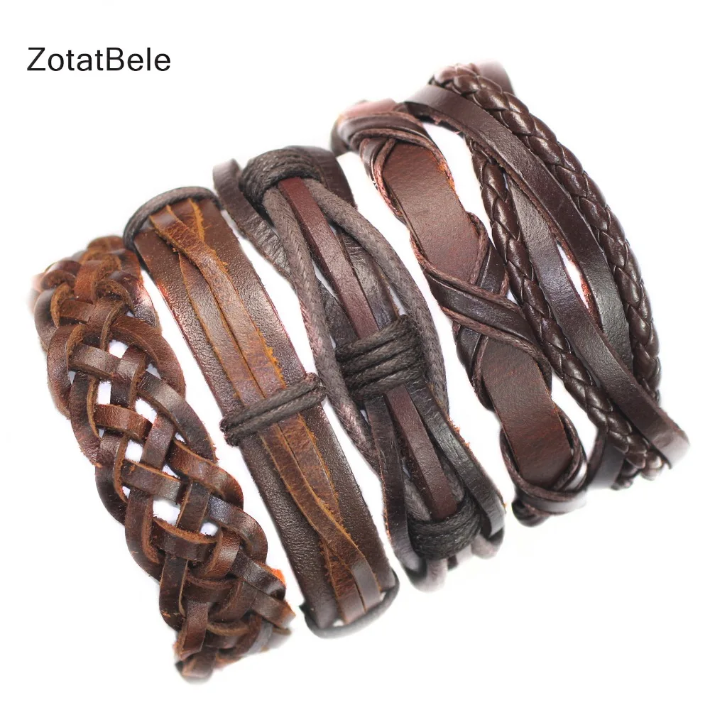 ZotatBele Casual Leather Bracelets Charm Multilayer Braid Wrap Bangles Punk Male Rope Chain Wholesale Men Jewelry FK4 | Украшения и