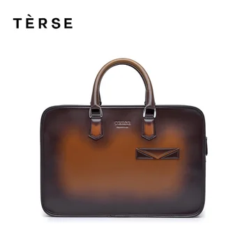 TERSE Genuine Leather Briefcases Men New Simple Fashion Business Briefcase Handmade Handbag Shoulder Messenger Bag Men 9625