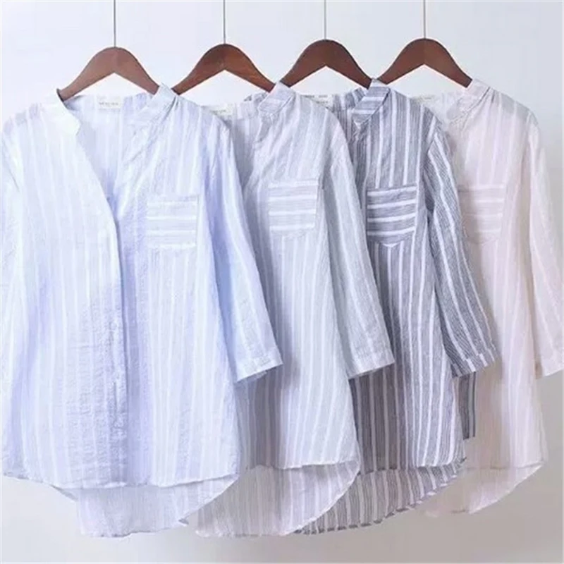 

Blue Striped Shirt Women Big Size Cotton Linen Blouse Plus Size Asymmetrical Tops V Neck Vogue Nice Loose Ladies Blouses XXXL