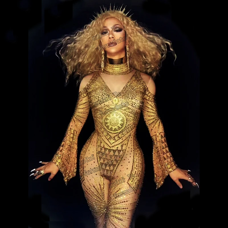 

Fashionable gold artificial diamond nude body sexy body full crystal stage costume party singer dancer suit