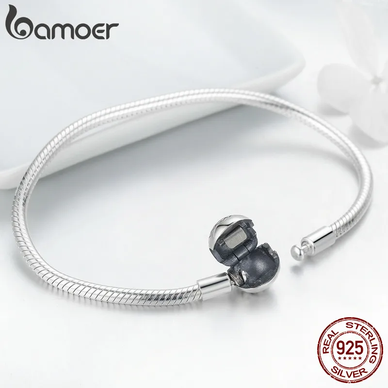 BAMOER 925 пробы Серебряный Лев животное круглая застежка змеиная цепочка браслеты для женщин ювелирные изделия из стерлингового серебра SCB054